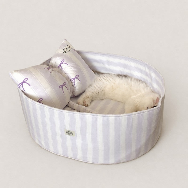 Striped Cat Bed with Decorative Pillow
