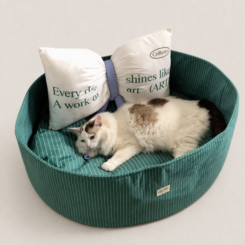 Striped Cat Bed with Decorative Pillow