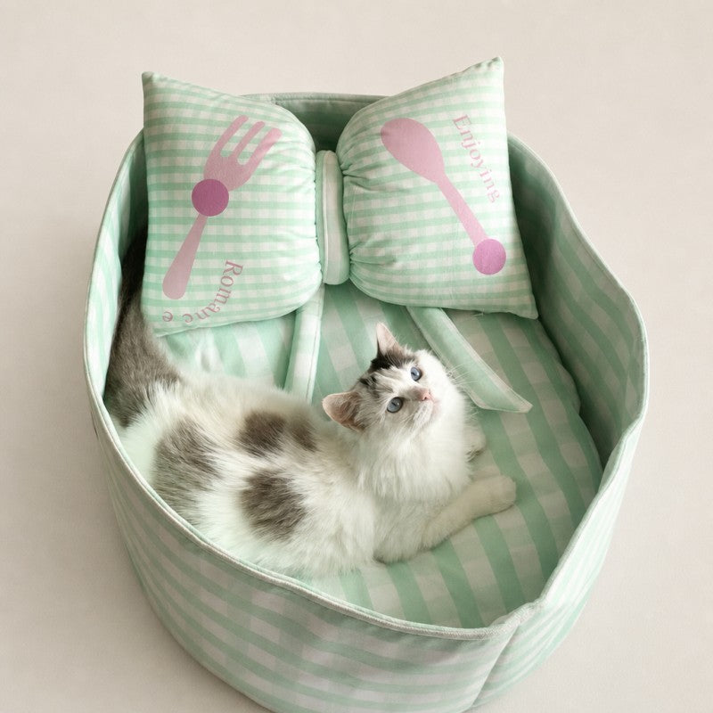 Striped Cat Bed with Decorative Pillow
