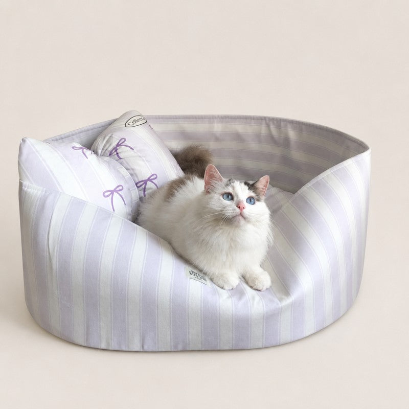 Striped Cat Bed with Decorative Pillow
