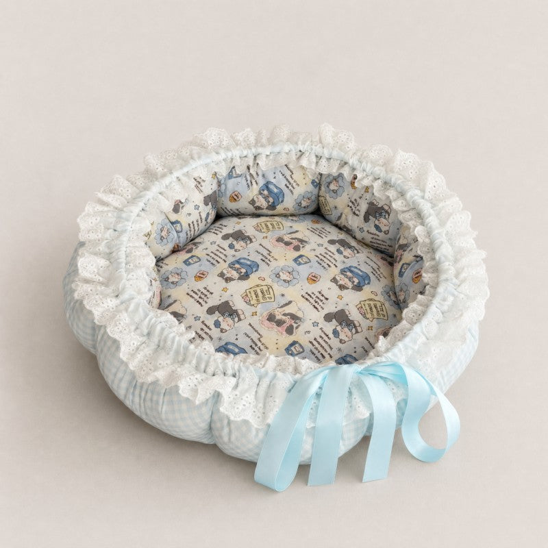 Blue Gingham Cartoon Print Lace Cat Bed