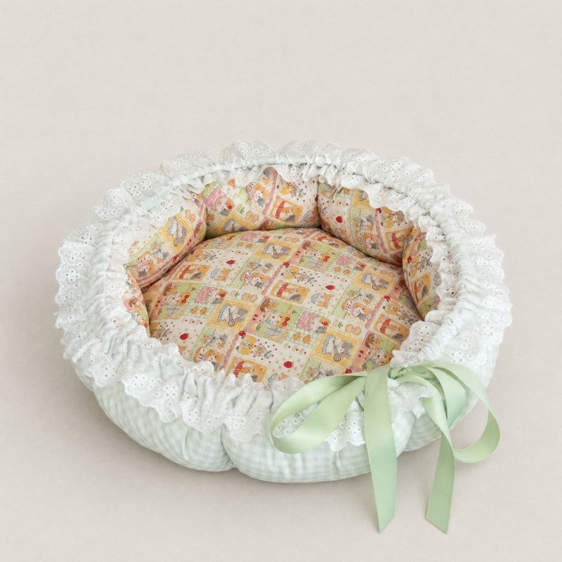 Green Gingham Animal Print Lace Cat Bed