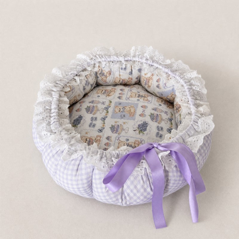 Purple Gingham Teddy Print Lace Cat Bed