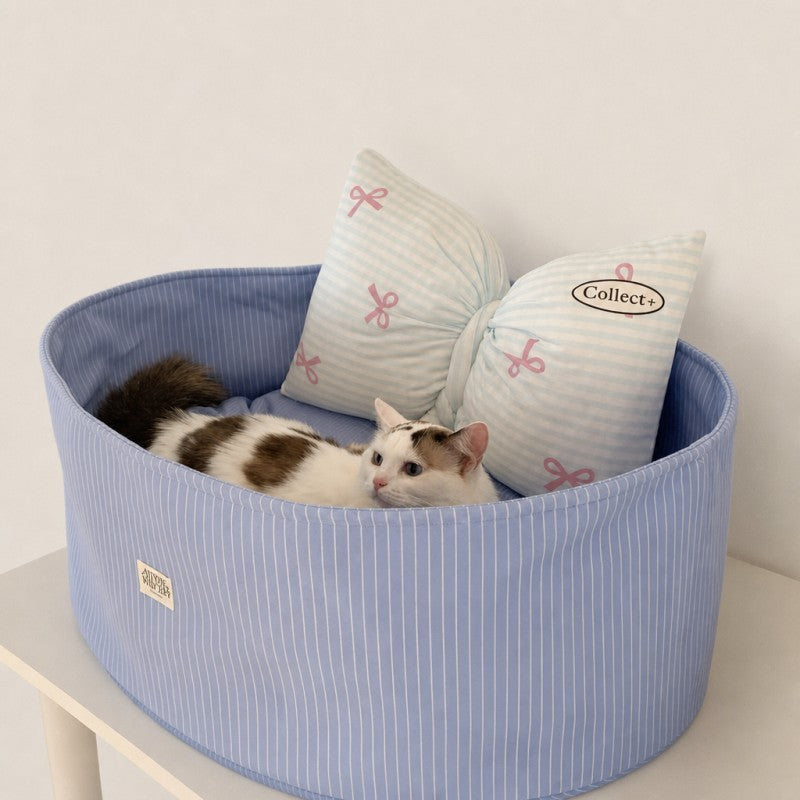 Striped Cat Bed with Decorative Pillow