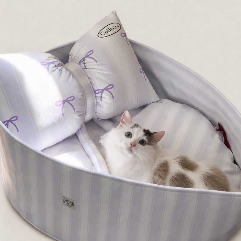 Striped Cat Bed with Decorative Pillow