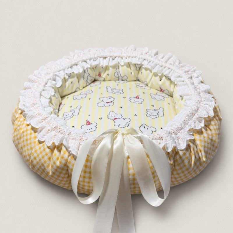 Yellow Gingham Puppy Print Lace Cat Bed