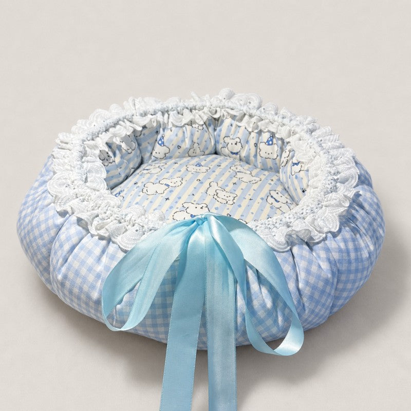 Blue Gingham Puppy Print Lace Cat Bed