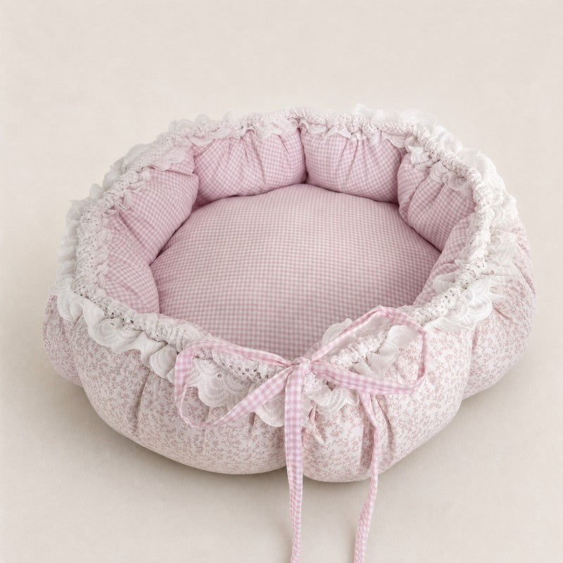 Pink Gingham Floral Lace Cat Bed