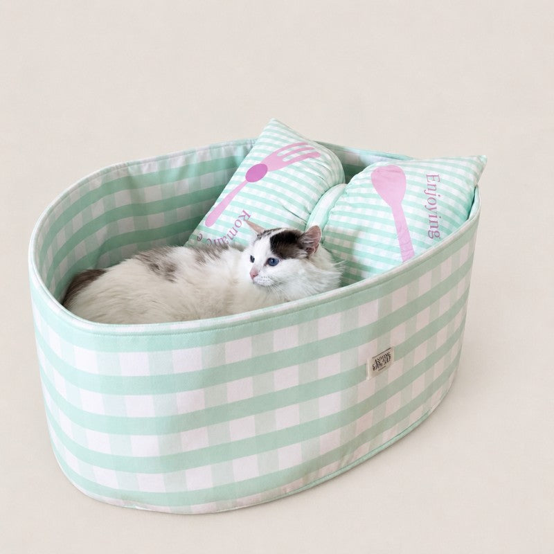 Striped Cat Bed with Decorative Pillow