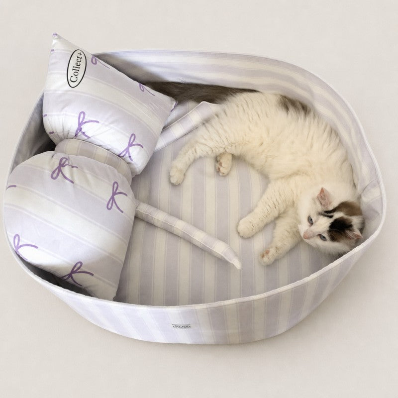 Striped Cat Bed with Decorative Pillow