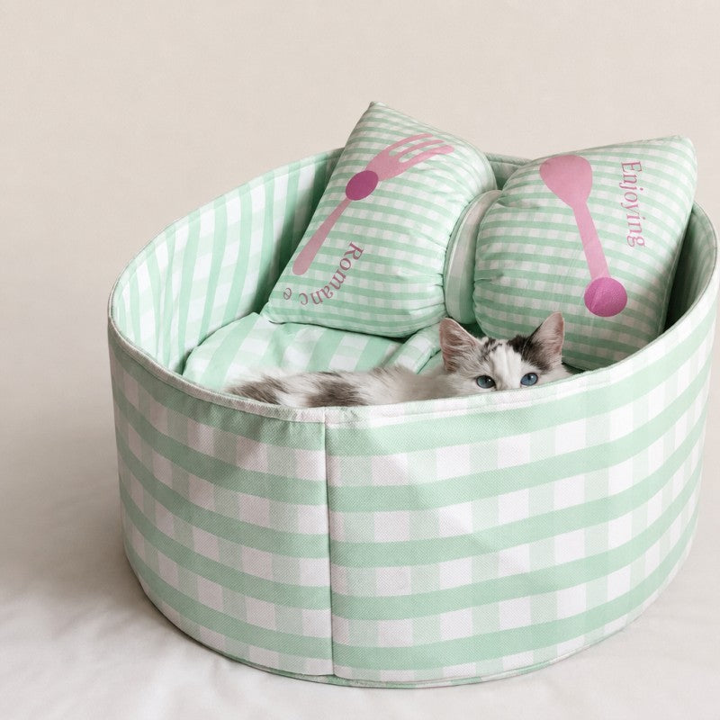 Striped Cat Bed with Decorative Pillow